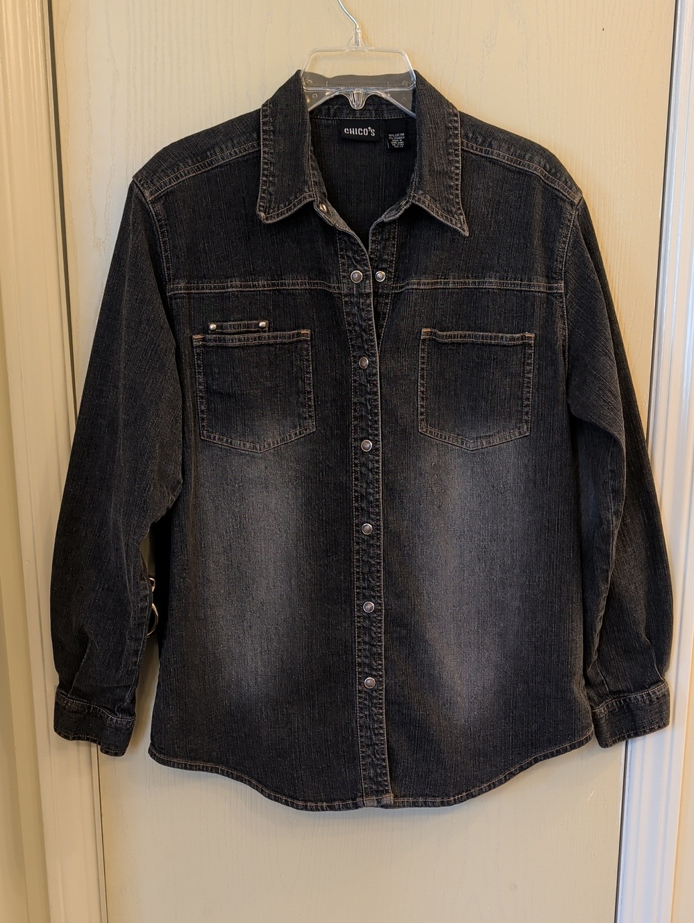 Chico's Black Distressed Stretch Denim Shirt Jacket | Size 12